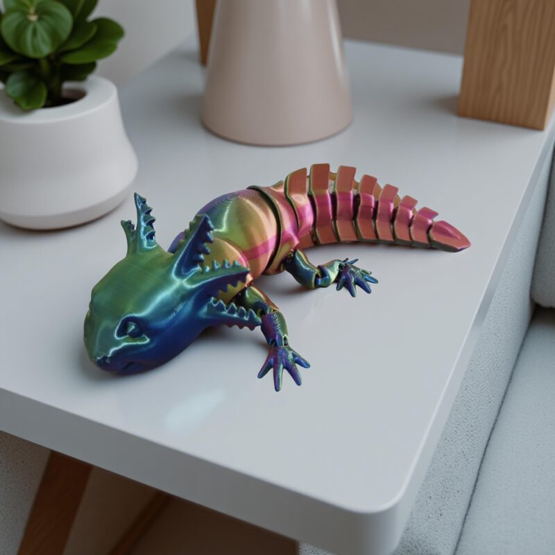 Axolote articulado impresso em 3D com acabamento metálico multicolorido, posicionado sobre uma mesa branca ao lado de um vaso de planta